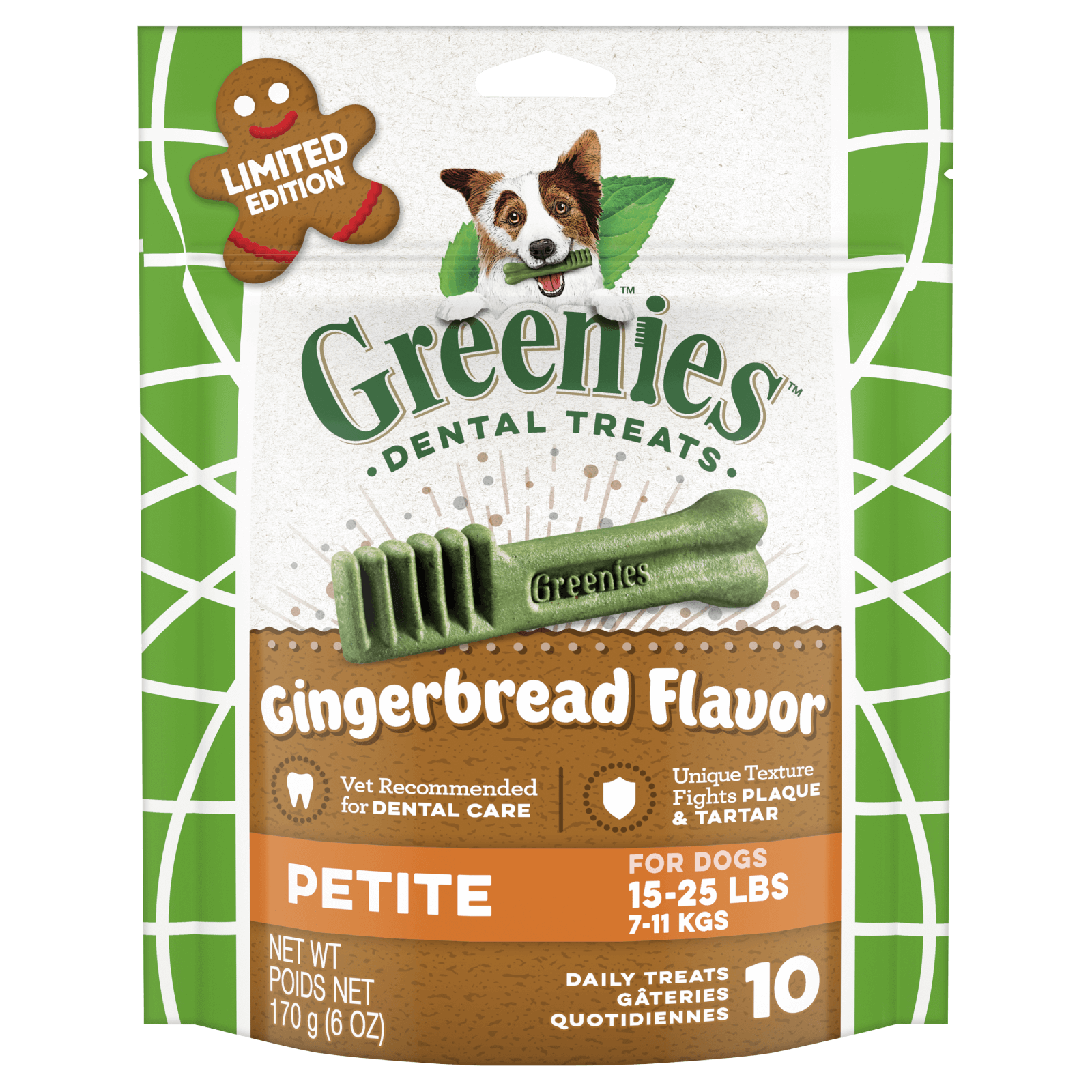 GREENIES™ Gingerbread Petite Dental Dog Treats 170g (10 Treats) GREENIES