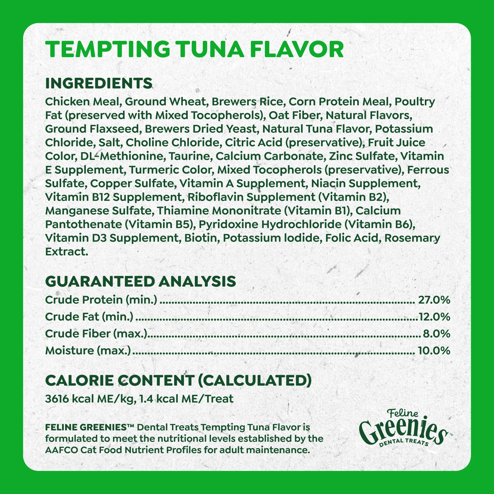 FELINE GREENIES™ Tempting Tuna Dental Cat Treats 60g guaranteed analysis image