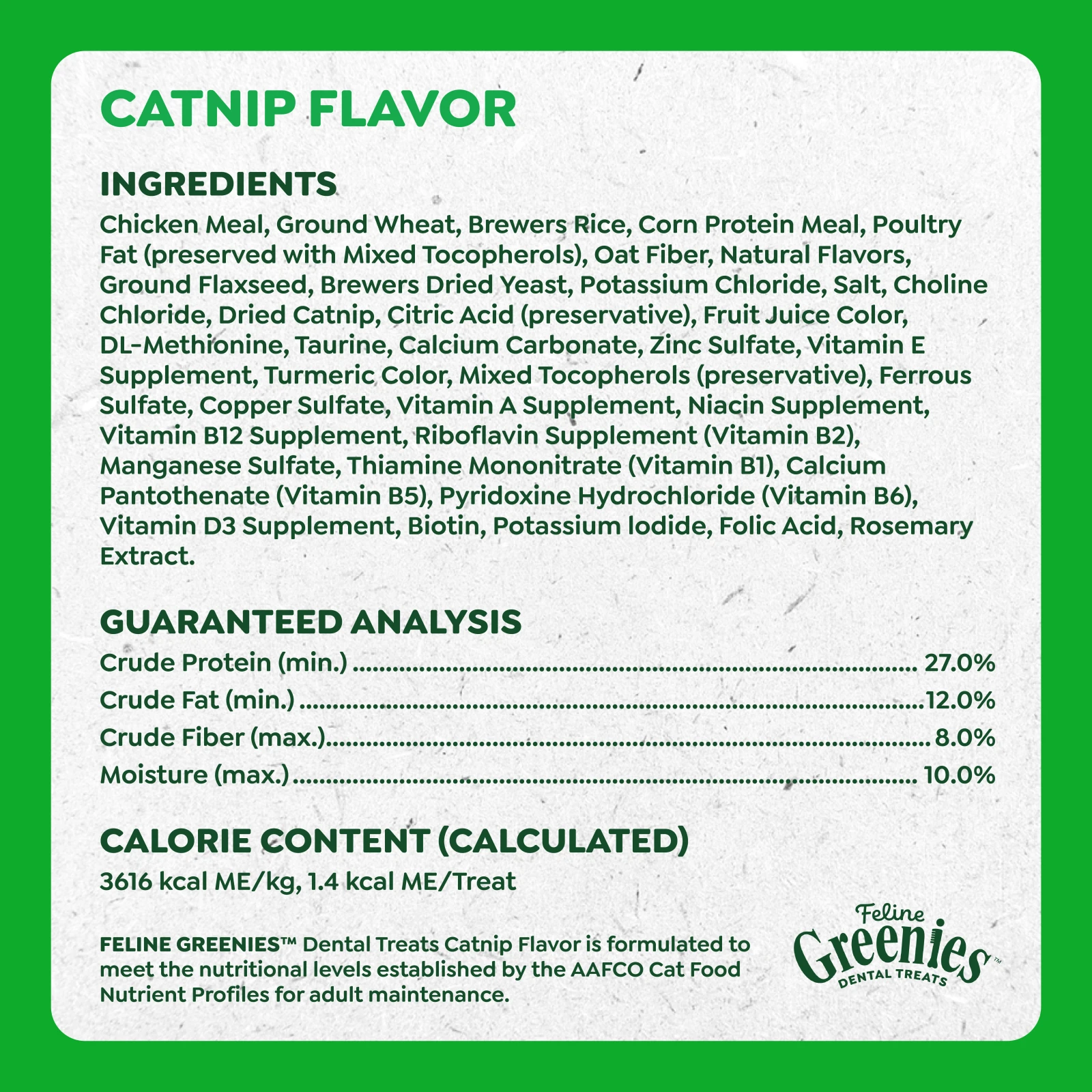 FELINE GREENIES™ Catnip Dental Cat Treats 130g guaranteed analysis image