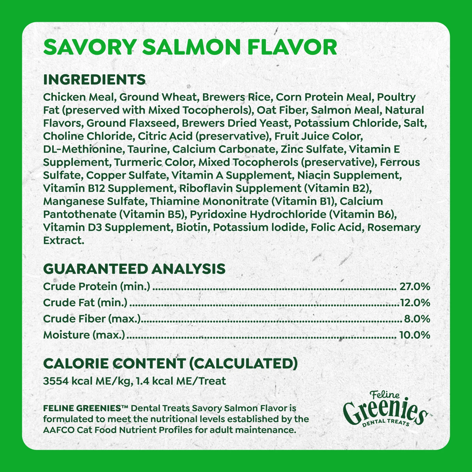 FELINE GREENIES™ Savoury Salmon Dental Cat Treats 60g guaranteed analysis image