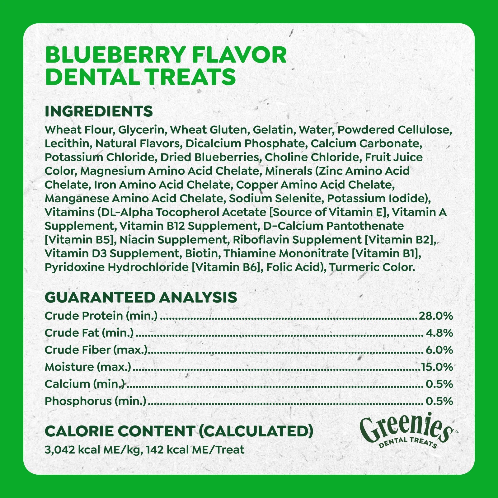 GREENIES™ Blueberry Petite Dental Dog Treats 340g (20 Treats) guaranteed analysis image